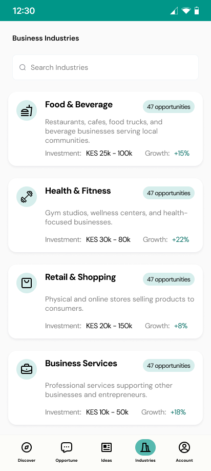 GeoBiz app showing a list of business industries