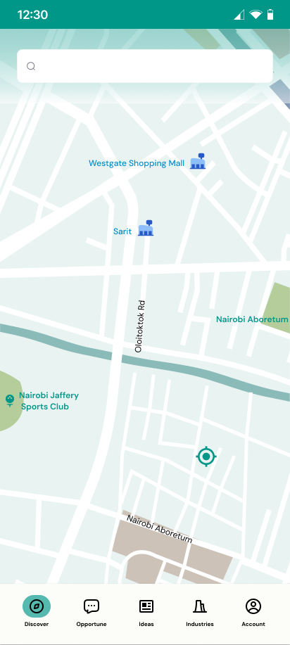 GeoBiz app showing a map view of a location