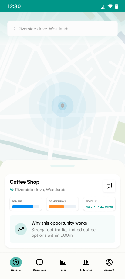 GeoBiz app showing a map with an opportunity radius